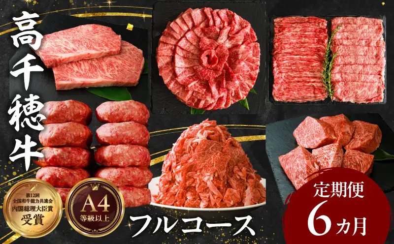 宮崎県産黒毛和牛A4等級以上 高千穂牛フルコース（6ヶ月定期便）牛肉 肉 お肉 精肉 定期便 サーロイン ステーキ 焼肉 BBQ ロース カルビ こま肉 小間切れ モモ ハンバーグ しゃぶしゃぶ すき焼き すきしゃぶ 薄切り スライス 国産 セット 詰め合わせ パーティー アウトドア キャンプ グランピング お祝い ギフト プレゼント_Tk002-t054