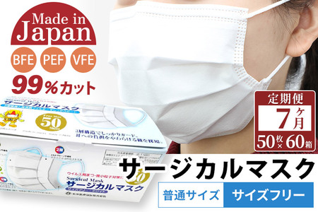 《定期便7ヶ月》国内製造 高性能サージカルマスク 普通サイズ 50枚入り×60箱 (合計3,000枚)×7回 