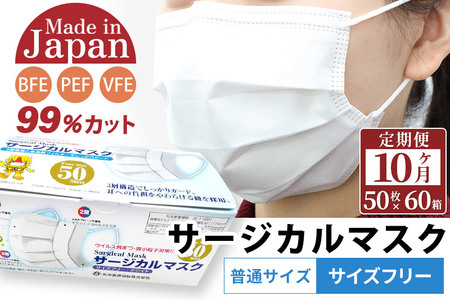《定期便10ヶ月》国内製造 高性能サージカルマスク 普通サイズ 50枚入り×60箱 (合計3,000枚)×10回 