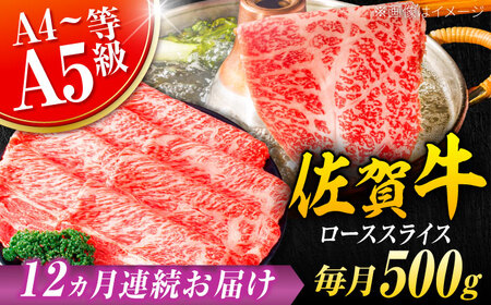 【12回定期便】黒毛和牛 佐賀牛 ローススライス 500g しゃぶしゃぶ すきやき[FDB032]