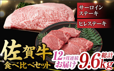 【12回定期便】佐賀牛 ヒレステーキ＆サーロインステーキ 食べ比べ セット 計9.6kg  (ヒレ150g・サーロイン250g×各2枚×12回) 吉野ヶ里町 佐賀牛 ヒレ サーロイン ステーキ 牛肉 肉 ブランド牛 [FDB038]
