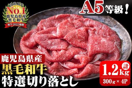 A5等級！鹿児島県産 黒毛和牛特選切り落とし 計1,200g (300g×4P) 鹿児島県産 黒毛和牛 国産 肉 牛肉 赤身 霜降り すき焼き しゃぶしゃぶ 冷凍 小分け b0-163-D