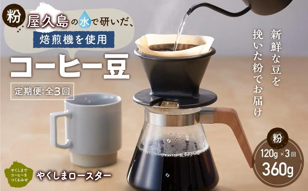 【定期便 全3回】【粉】屋久島の水で研いだ（焙煎機を使用した）コーヒー（1回分120g）