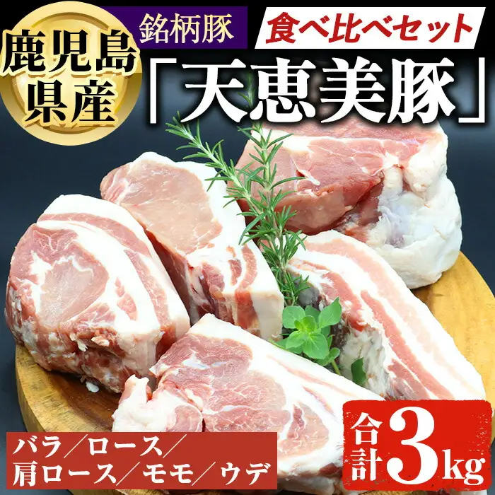 国産 豚肉 食べ比べ 鹿児島県産 天恵美豚 BBQ ブロック セット 豚バラ ロース モモ ウデ(計3kg) 【アグリおおすみ】B154-v01
