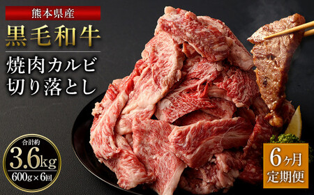 【6ヶ月定期便】熊本県産 黒毛和牛 焼肉 カルビ 切り落とし 合計3,600g 600g 300g×2パック 和牛 牛肉 肉 バーベキュー 炒め物 国産 九州産