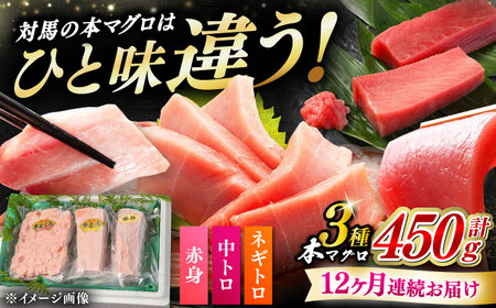 【全12回定期便】対馬産 本マグロ 3種 計450g（赤身/中トロ/ネギトロ） [WAH014] マグロ まぐろ 本マグロ トロ 赤身 ネギトロ たたき