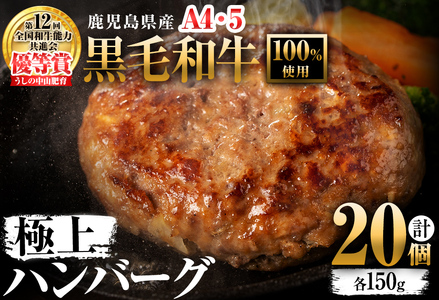 ＜A4・A5等級＞鹿児島県産 黒毛和牛100%使用 極上ハンバーグ(計3kg・150g×20個) c5-034
