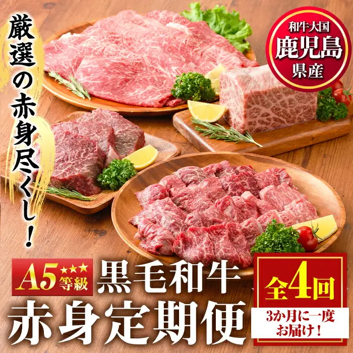 No.1013 ＜定期便・全4回＞カミチクの定期便！鹿児島県産黒毛和牛赤身定期便(合計1.7kg)牛肉 黒毛和牛 和牛 ステーキ スライス 焼肉 BBQ キャンプ 定期便 頒布会 A5 冷凍 ギフト【カミチク】