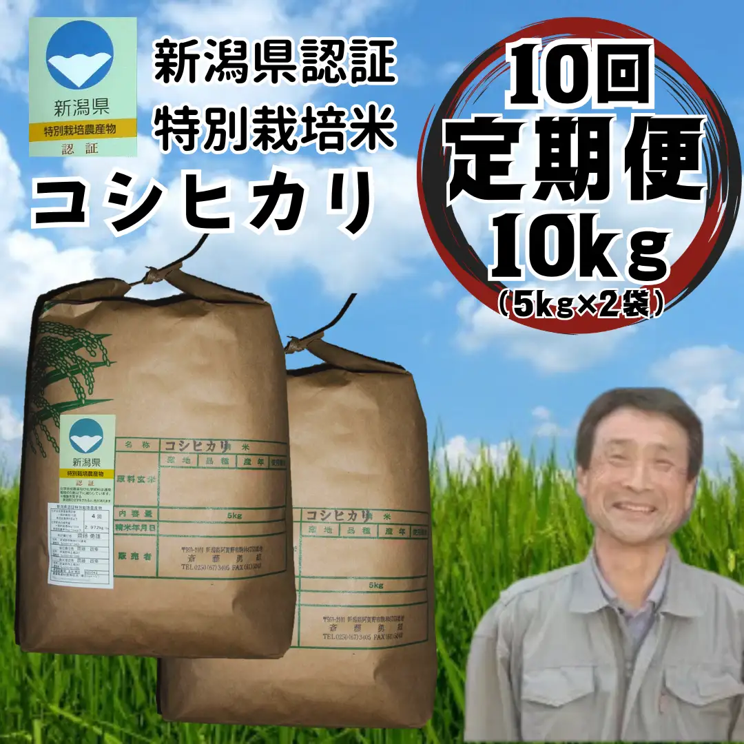 【令和7年産】【10か月定期便】特別栽培米 コシヒカリ 10kg×10回 新潟県認証 新潟県 米 こめ コメ 白米 精米 さいとう農園 1G03401