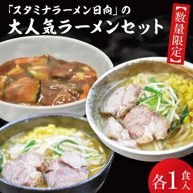 【日時指定必須】日曜朝のTVで紹介されました！「スタミナラーメン日向」の大人気ラーメンセット（スタミナ１、味噌１、カレー１）（FF-9）