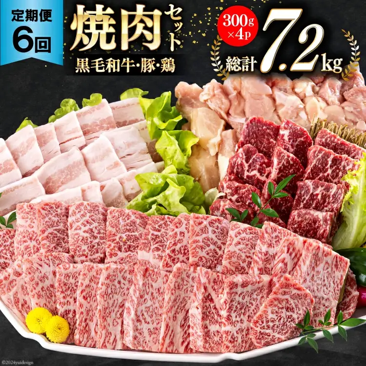 6回 定期便 宮崎県産 焼肉 セット 黒毛和牛 モモ カルビ 豚バラ 若鶏 モモ 合計7.2kg 各300g [サンアグリフーズ 宮崎県 美郷町 31ba0039]