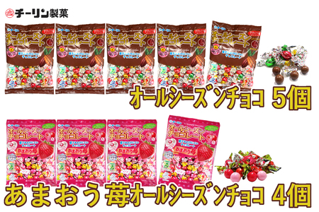 A298 80gオールシーズンチョコ 5袋・100ｇあまおう苺オールシーズンチョコ4袋のセット【チーリン製菓 チョコレート お菓子 詰め合わせ セット ９袋 いちご マイルドチョコレート 個包装 大阪府 八尾】