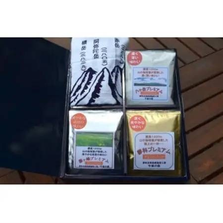 標高1200m、山の珈琲屋のドリップバッグコーヒー(3種×4袋　計12袋入)と八ヶ岳パノラマ手ぬぐい_雑貨     飲料・ドリンク ドリップ コーヒー・コーヒー豆 珈琲_【1416555】