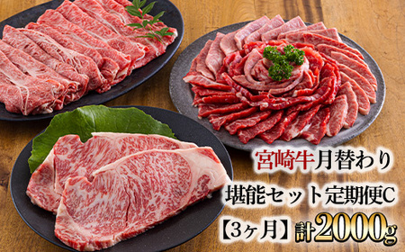 宮崎牛月替わり堪能セット定期C[3ヶ月] 合計2000g(2kg)　TF0691-P00020
