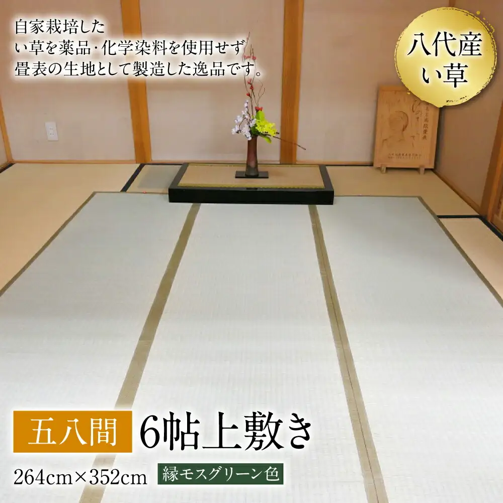 い草 上敷き 五八間 6帖 264cm×352cm 縁モスグリーン色 イグサ 畳 敷物 ござ マット カーペット 熊本県 八代市 特産品 国産 日本製