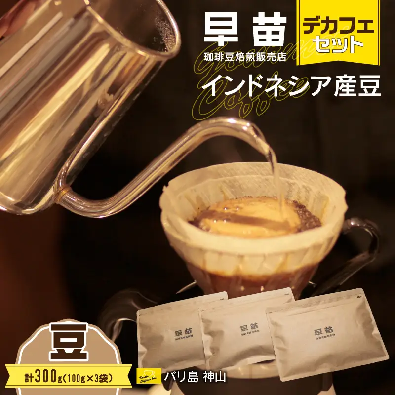 【早苗】焙煎珈琲豆（インドネシア産　デカフェセット100g×3）豆  0020-004-S05-1