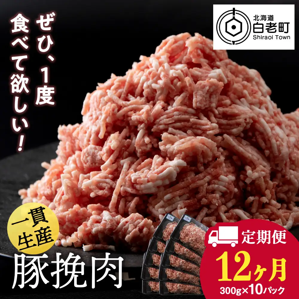 【定期便 12カ月】北海道産 白老豚 挽肉 300g×10パック BV042
