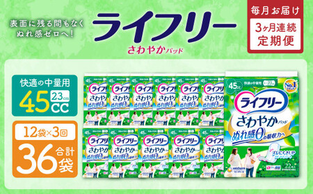 【3ヶ月連続定期便】 ライフリー さわやかパッド 快適の中量用 22枚×12袋 特許技術