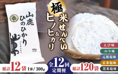 【12回定期便】【極み】米せんべい（えび味、のり味、元祖塩味、玄米塩味、黒米塩味） &amp; ヒノヒカリ【せんべい工房】[ZBQ013]