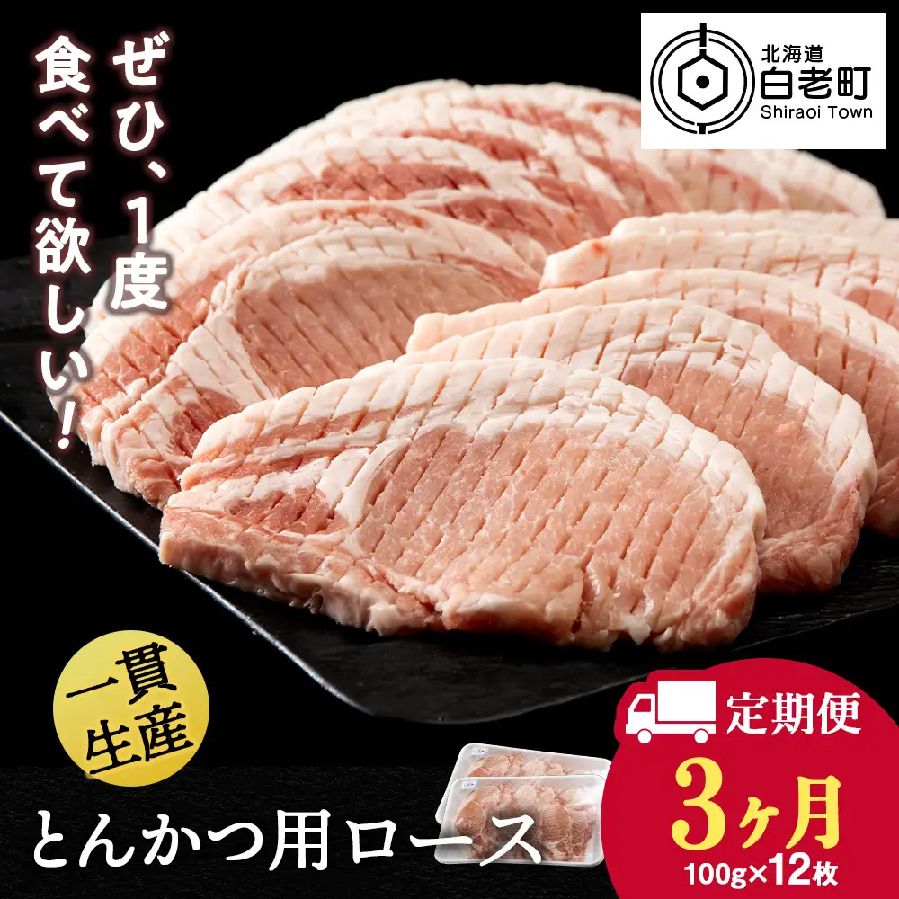 【定期便 3カ月】北海道産 白老豚 ロース とんかつ用 100g×12枚 BV046