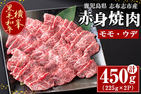 鹿児島県志布志市産横峯黒毛和牛の赤身焼肉(計450g・225g×2P) 鹿児島県産 国産 牛肉 牛 赤身 赤身肉 焼き肉 希少牛 手切り モモ ウデ バーベキュー BBQ b0-195