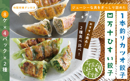 26-014．家(うち)に来る“高知” ジューシーな具をぎっしり詰めた手づくり!!　四万十ひすい餃子・一本釣りかつお餃子（8ヶ×4パック×2種）　タレ付き　にんにく不使用！