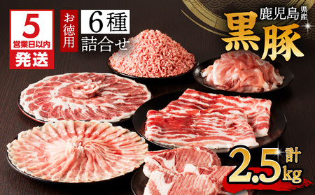 【5営業日以内に発送】鹿児島県産黒豚お徳用 6種詰合せ(2.5kg) K134-011 肉 豚肉 冷凍 スピード配送 最短 すぐ届く お急ぎ