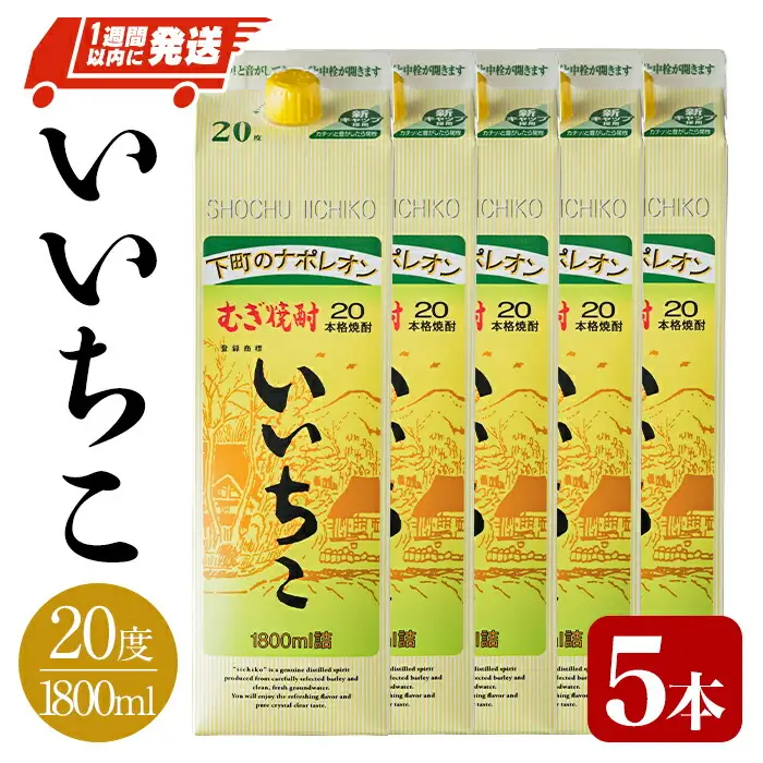 いいちこ 20度 パック(計9L・1.8L×5本)酒 お酒 むぎ焼酎 1800ml 麦焼酎 常温 いいちこ 三和酒類 紙パック【107303300】【時枝酒店】