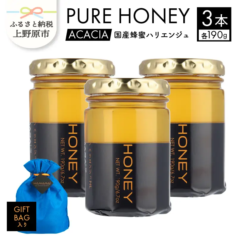 山梨県上野原市産ハチミツ ハリエンジュ（190g 3本 計570g）上野原市産 はちみつ ハチミツ 蜂蜜 天然 570g 3本 ハリエンジュ ラベルレス マイルド 贈答 プレゼント ギフト 贈り物 送料無料 山梨県 上野原市