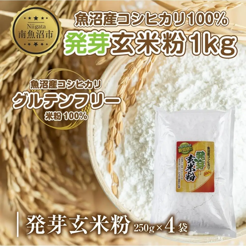 魚沼産 コシヒカリ 発芽玄米粉 250g×4袋 計1kg  玄米  グルテンフリー 小麦不使用 アレルギー GABA お取り寄せ 菓子 パン ケーキ ギフト 送料無料 コパフーズ 新潟県 南魚沼市