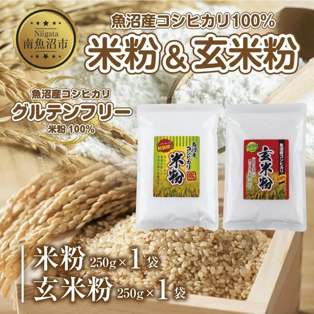 新潟県産 米粉 玄米粉 セット 各250g 計500g  魚沼産 コシヒカリ 白米粉 アレルギー グルテンフリー GABA お取り寄せ 製菓 パン作り 製菓 送料無料 コパフーズ 新潟県 南魚沼市