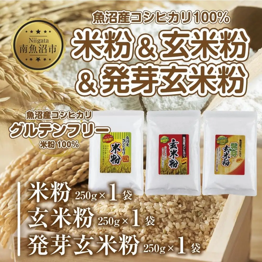 新潟県産 米粉 発芽玄米粉 玄米粉 各250g 計750g  魚沼産 コシヒカリ 玄米 アレルギー グルテンフリー GABA お取り寄せ 製菓材料 パン作り 製菓 コパフーズ 新潟県 南魚沼市