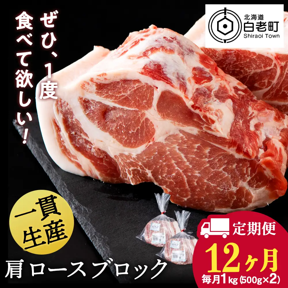 【定期便 12カ月】北海道産 白老豚 肩ロース ブロック 500g×2パック BV054