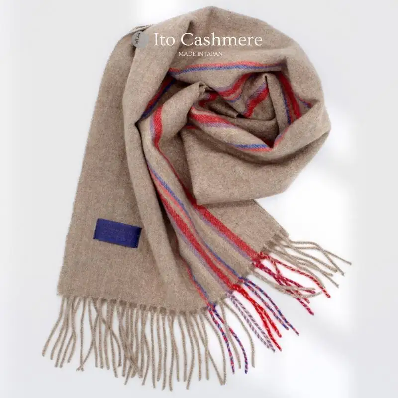 【100％ピュアカシミヤ】マフラー フリンジ付き キャメル×ストライプ