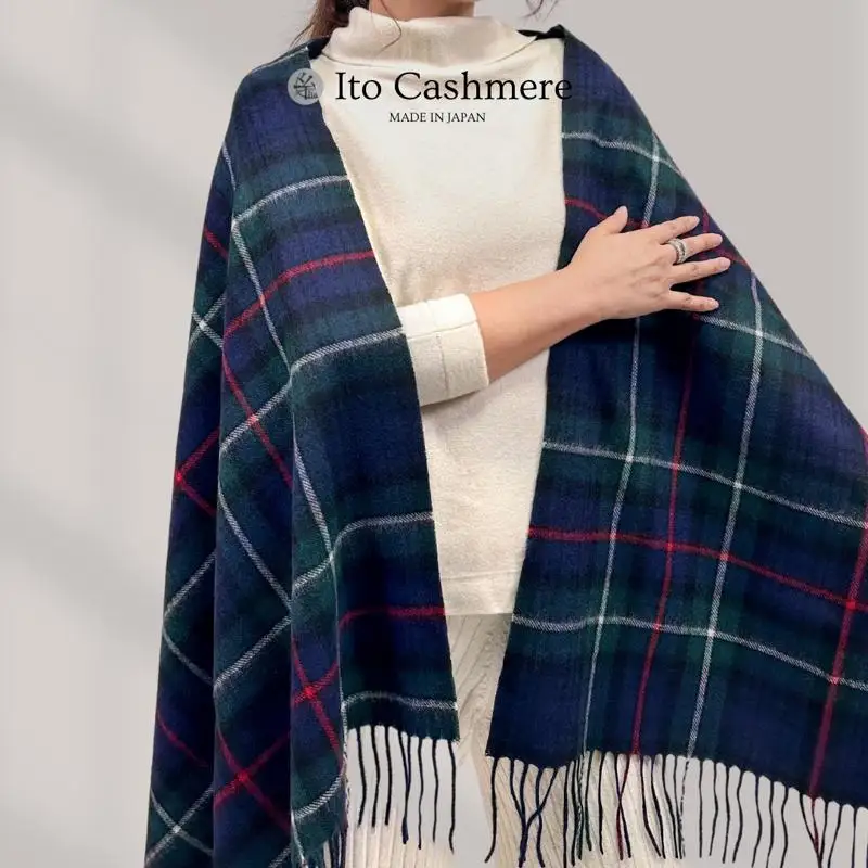 【100％ピュアカシミヤ】大判ストール フリンジ付き チェック柄 Tartan