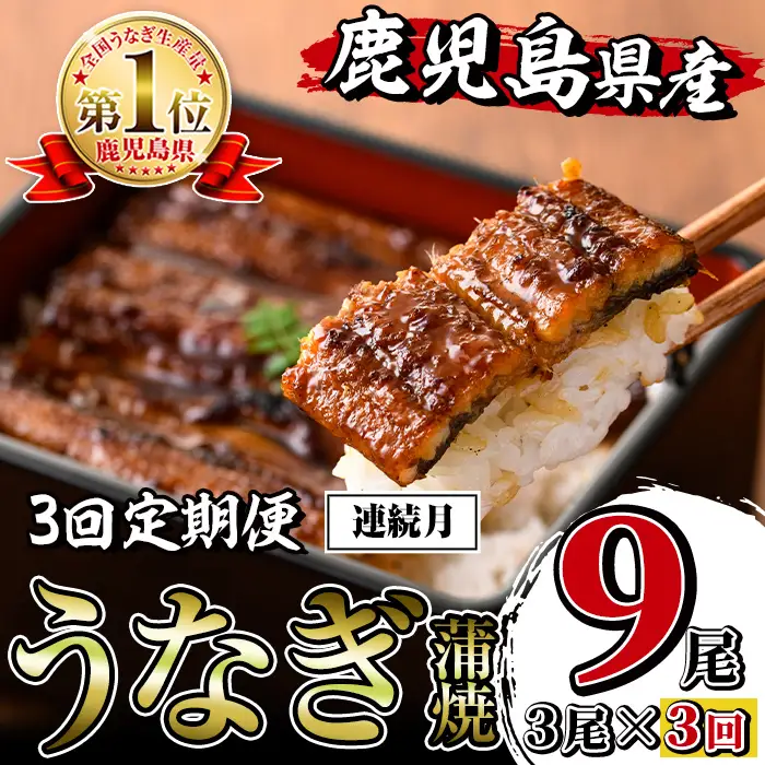 i854-A ＜定期便・計3回(連続月)＞鹿児島県産うなぎ蒲焼3尾セット＜(約140g×3・計約420g)×全3回＞うなぎ 鰻 ウナギ 2尾 蒲焼き 国産 鹿児島県産 焼きたて 生産量日本一 真空パック おかず 晩御飯 特別な日 土用の丑の日【薩摩川内鰻】