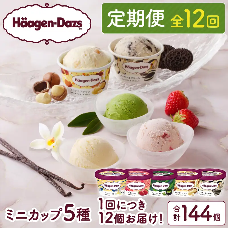＜全12回・連続＞1年定期便！ミニカップ アイス デザート スイーツ アイスクリーム カップ バニラ ストロベリー グリーンティー クッキー＆クリーム マカデミアナッツ いちご 抹茶 セット 人気 おすすめ お取り寄せ 北海道 浜中町 冷凍 送料無料 プレゼント ギフト_H0016-159
