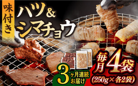 【全3回定期便】【塩だれ】九州産和牛 ホルモン2種 計1kg（ ハツ 250g×2袋・ シマチョウ 250g×2袋） 長与町/岩永ホルモン [EAX135]国産 牛肉 ミックス 小分け 味付き 冷凍 焼肉