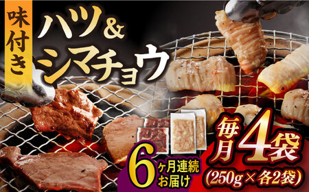 【全6回定期便】【塩だれ】九州産和牛 ホルモン2種 計1kg（ ハツ 250g×2袋・ シマチョウ 250g×2袋） 長与町/岩永ホルモン [EAX136]国産 牛肉 ミックス 小分け 味付き 冷凍 焼肉