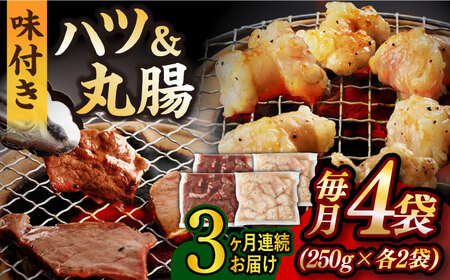 【全3回定期便】【塩だれ】九州産和牛 ホルモン 2種 計1kg（ ハツ 250g×2袋・ 丸腸 250g×2袋） 長与町/岩永ホルモン [EAX143]国産 牛肉 ミックス 小分け 味付き 冷凍 焼肉