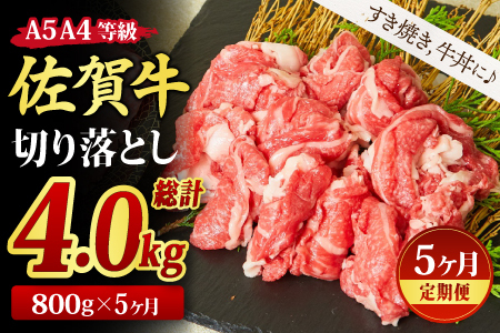 【スピード発送】【5回定期便】佐賀牛 贅沢 切り落とし 800g(合計4kg)(H085186)