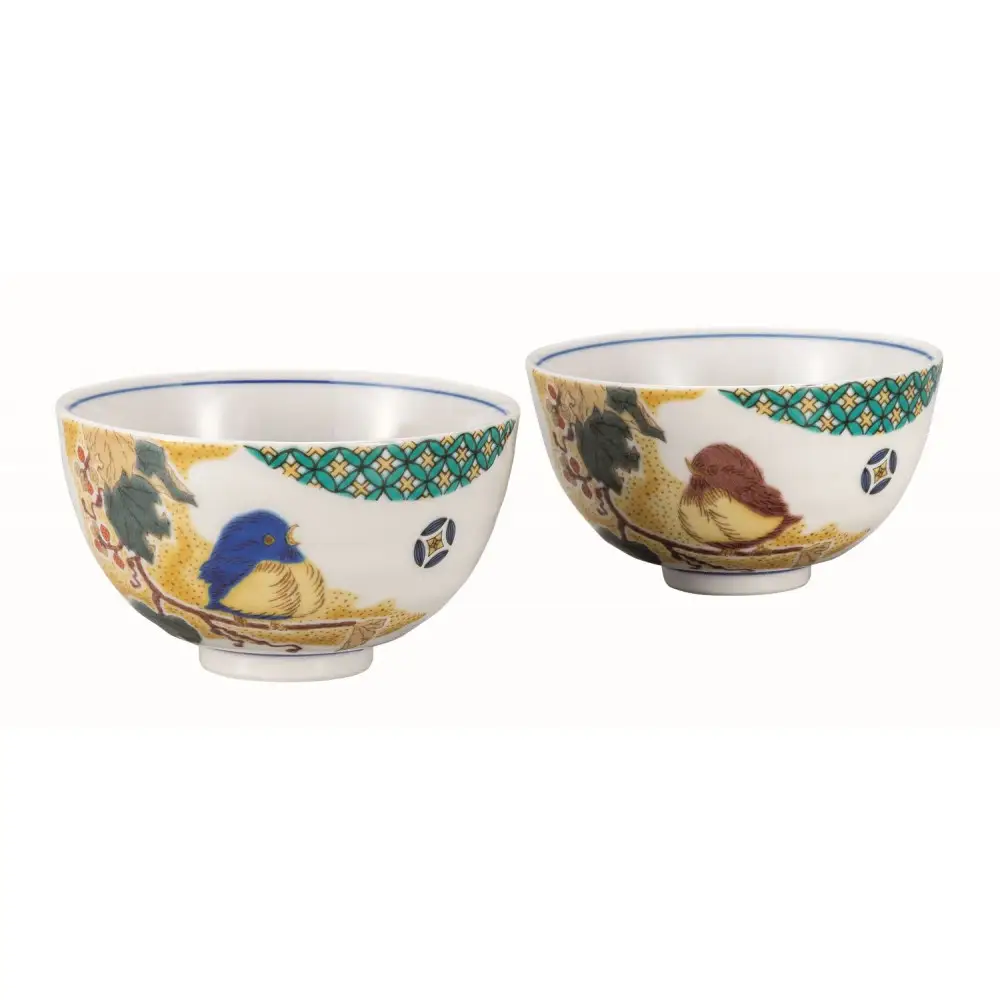 九谷焼　 組飯碗　小紋吉田屋雀　a02