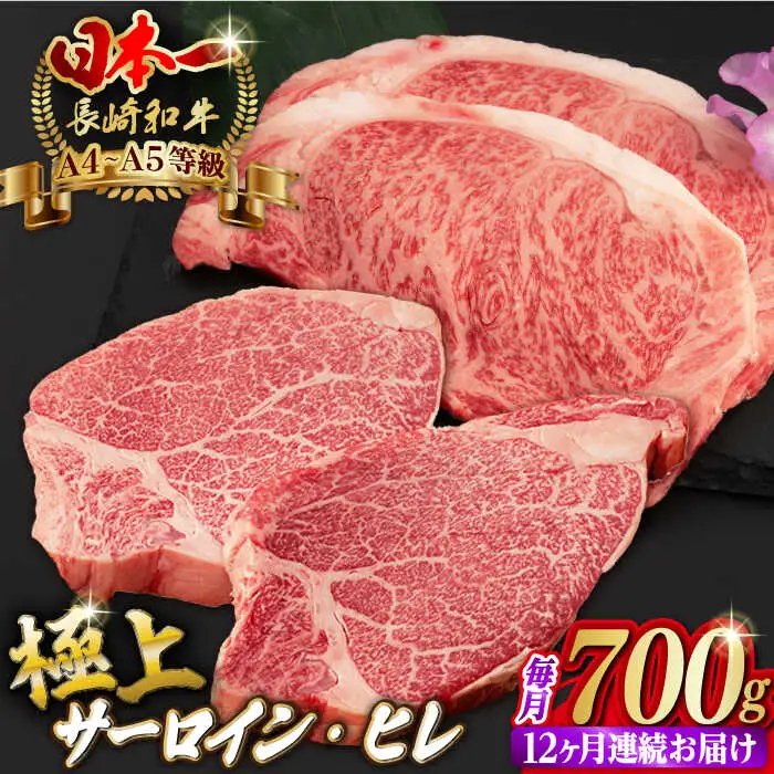 【全12回定期便】【二大高級部位！】サーロイン と ヒレ ステーキ 計700g （各4枚） 長崎和牛 A4?A5ランク 希少部位【野中精肉店】 [VF68] 肉 牛肉 赤身 サーロインステーキ ヒレステーキ 焼肉 定期便