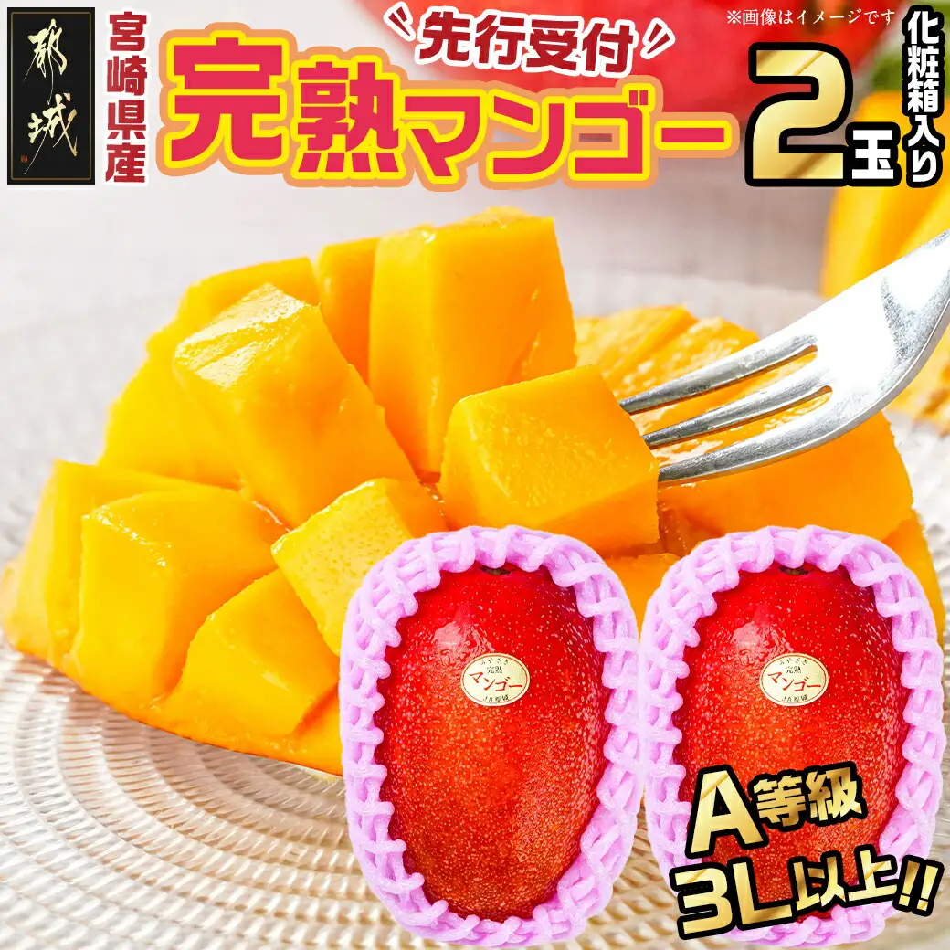 【先行受付!】宮崎県産完熟マンゴー(A等級) 【3L以上×2玉】化粧箱入り≪2027年5月中旬以降順次お届け≫〔AE-0112〕_(都城市) 宮崎県産 完熟マンゴー 化粧箱入り 3Lサイズ 糖度13度以上 A等級品 南国宮崎