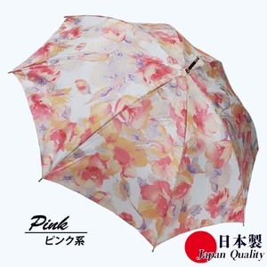 レディース雨傘 長傘 シャンタン花柄プリント手開き 日本製 ピンク系 173602 ／ レディース 木製ハンドル グラスファイバー まちづくり観光振興機構 モダン 高級感 奈良県 田原本町