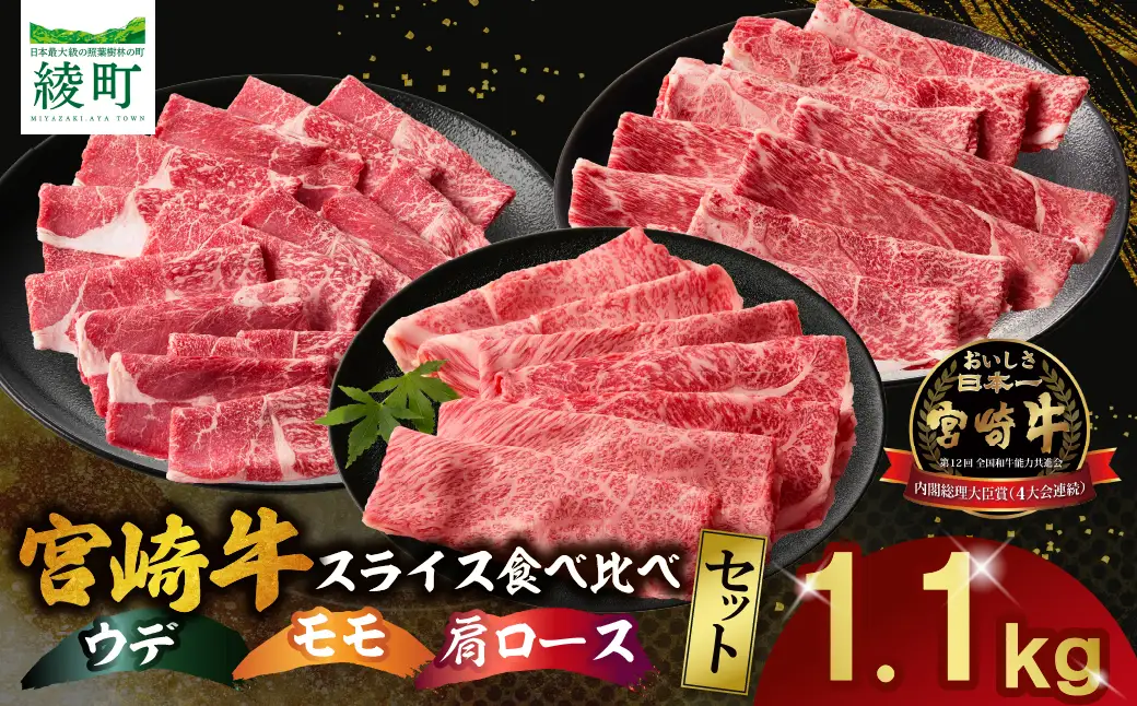宮崎牛 スライス 食べ比べ セット 計1.1kg 牛肉 肉 国産 しゃぶしゃぶ すきしゃぶ 食べ比べ セット スライス 小分け 赤身 ブランド牛 ギフト 贈り物 九州 宮崎_A0001-063