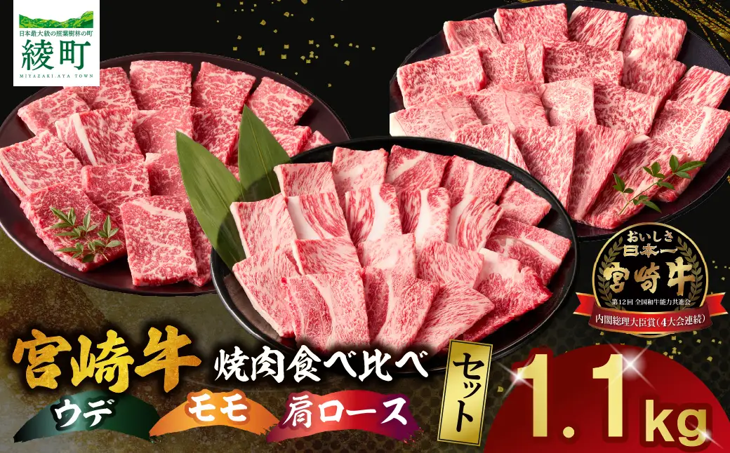 宮崎牛 焼肉 食べ比べ セット 1.1kg 牛肉 肉 国産 焼き肉 スライス 小分け 赤身 ブランド牛 ギフト 贈り物 九州 宮崎 霜降り 赤身_A0001-064