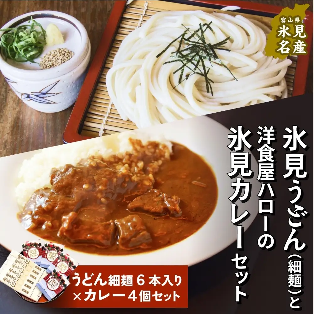 氷見うどん細麺6本入りと洋食屋ハローの氷見カレー4個セット