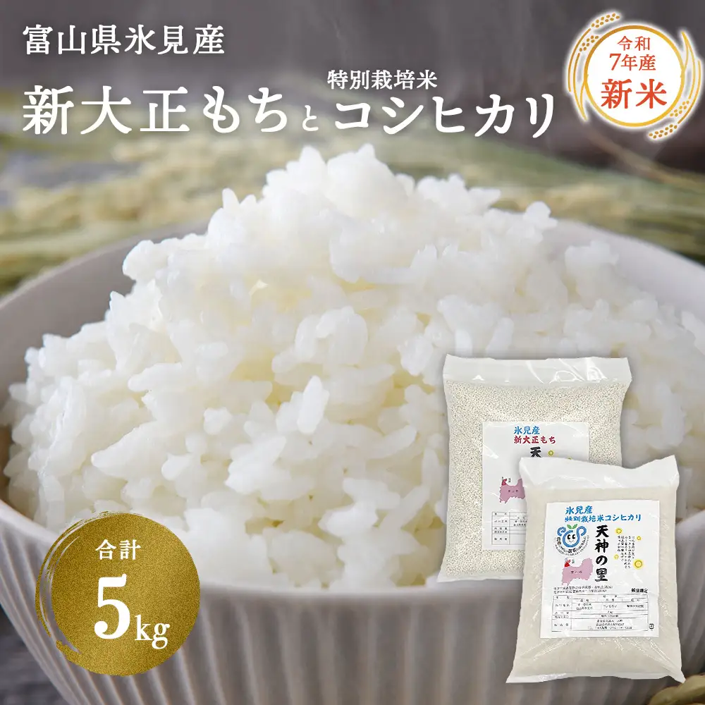 〈令和7年産〉富山県氷見産 新大正もち（3kg）と特別栽培米コシヒカリ"天神の里"（2kg）のセット | 餅米