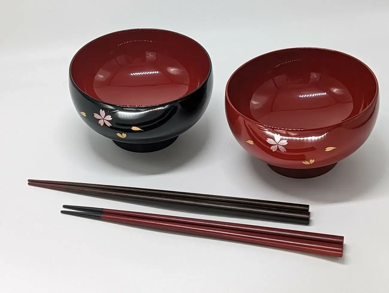 川連漆器 福汁椀 夫婦桜 塗分け箸セット【秋田県漆器工業協同組合】[H5-5401]